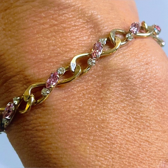 VTG Signed Krementz 14K GOLD Overlay Pink Clear Topaz  Bracelet c1940s NIB - Picture 9 of 10